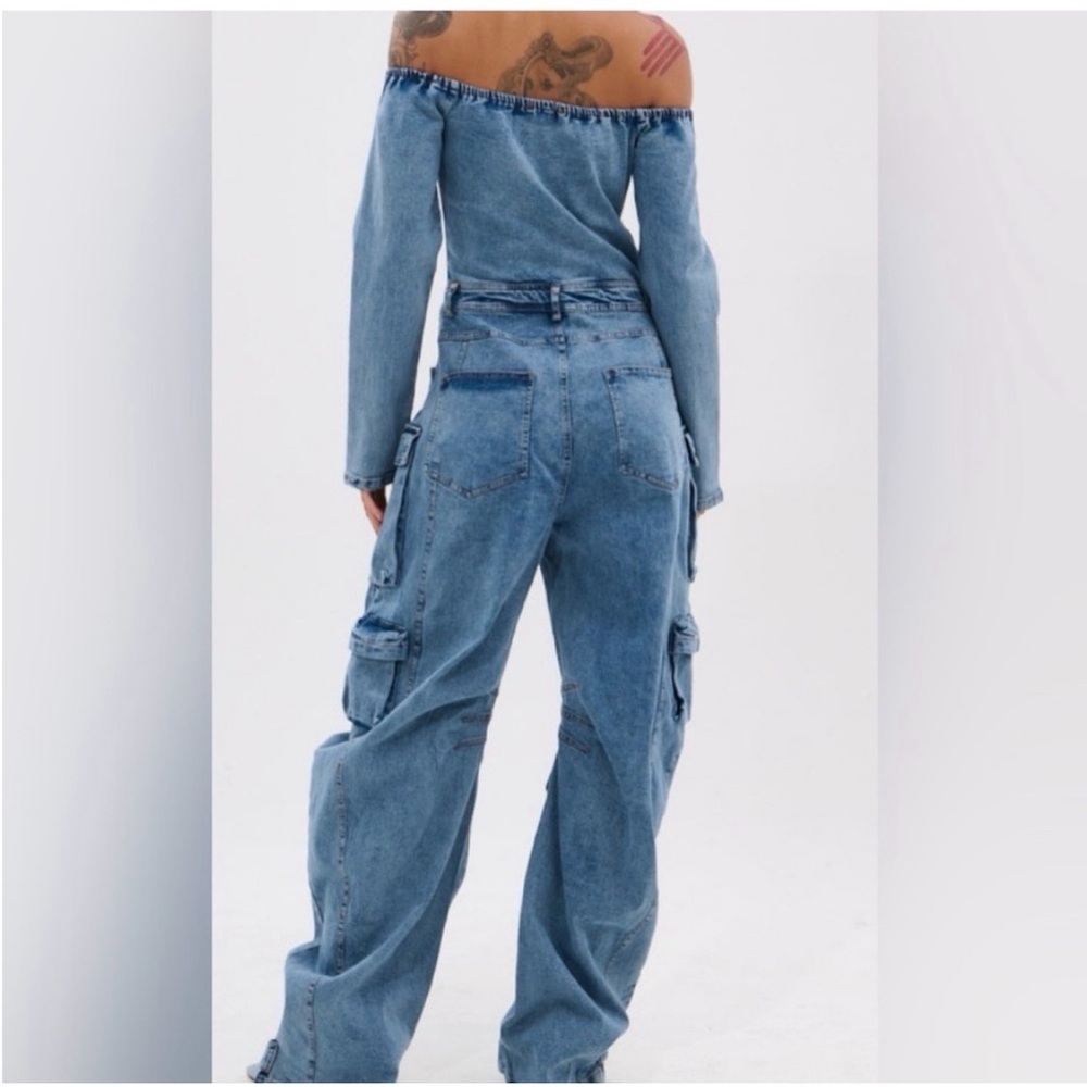 AKIRA Blue Denim Off-Shoulder Utility Style Jumpsuit - Picture 6 of 8